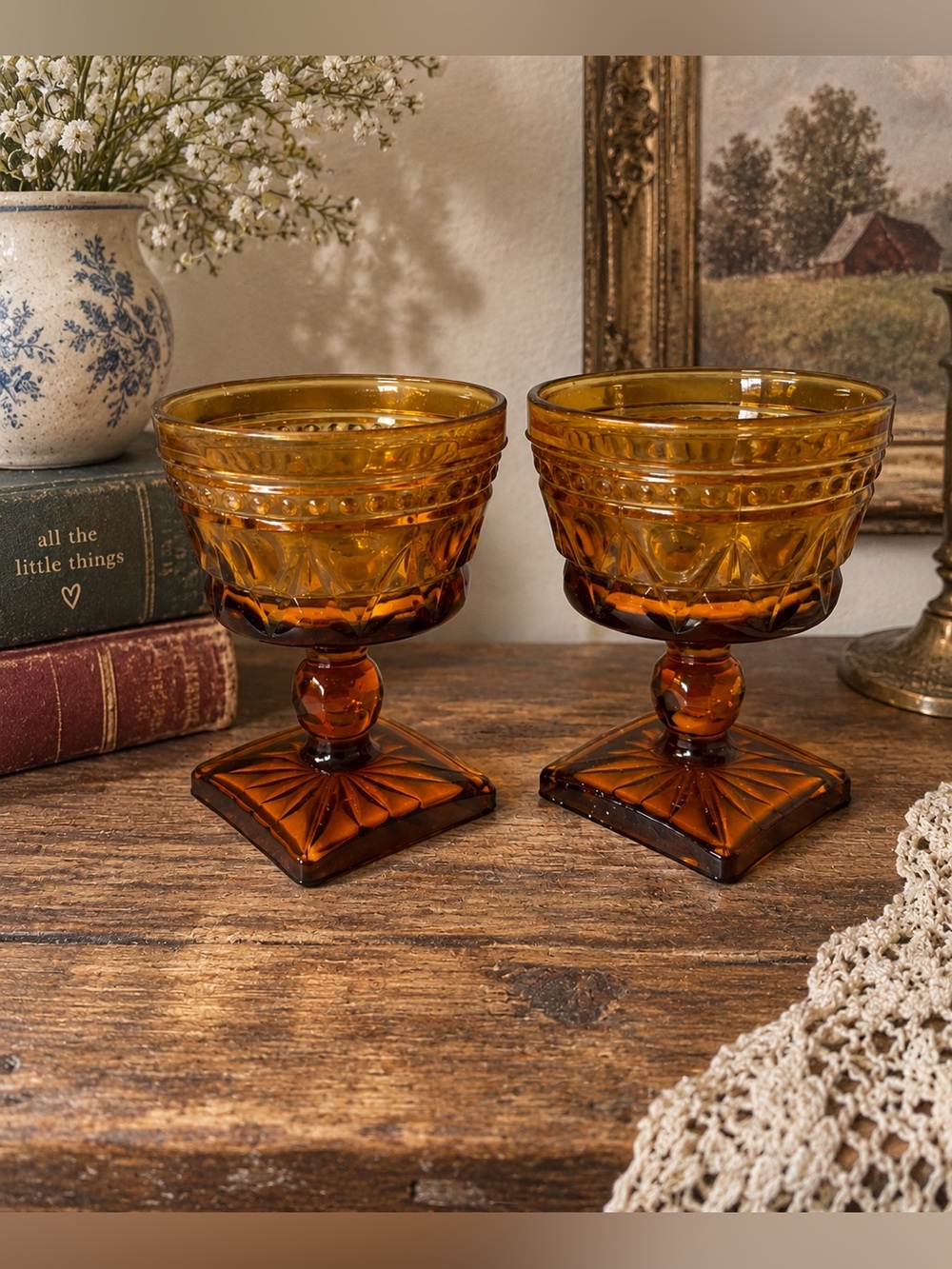 Amber Glass Compote Set - Elegant Vintage-Style Dessert Bowls